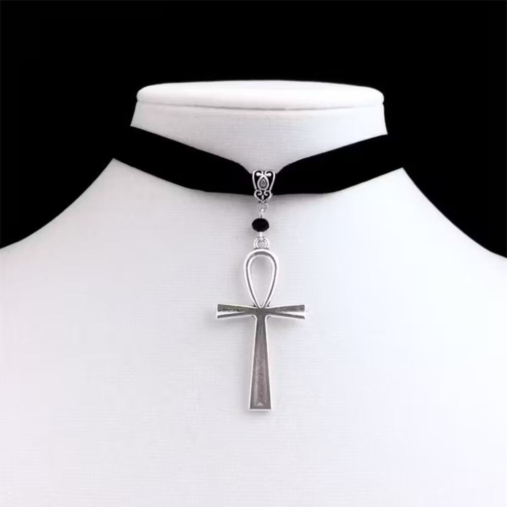 Goth Gothic Egyptian Black velvet Ankh Cross Choker Necklace